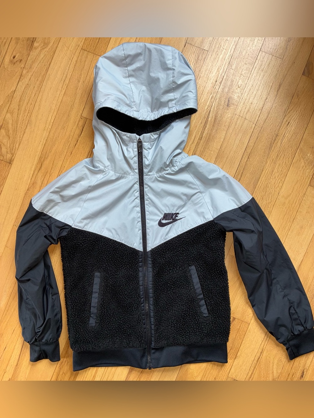 Nike Kids Hooded Sherpa Puffer Jacket - Black & Light Gray